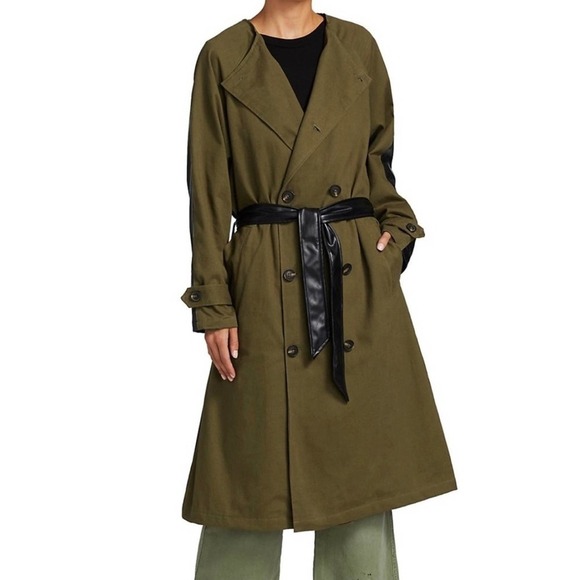 NWT NSF Gladys Contrast Belted Trench Coat Faux Leather Back in Olive Green Sz 2 - Picture 1 of 14